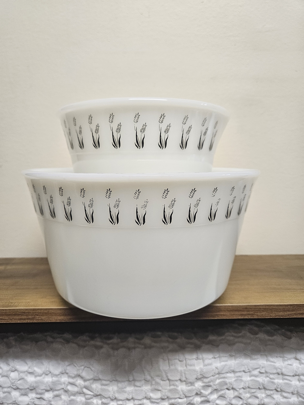 Hazel Atlas Wheat Pattern Milk Glass Mixing Bowls with Pour Spout - Set of 2